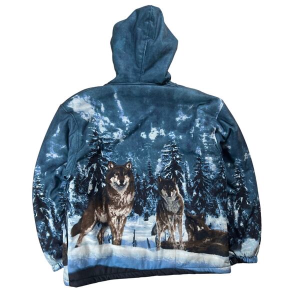 Vtg Black Canyon Outfitters Graphic Hooded Wolfs Jacket 2XL Sherpa Lined - Picture 2 of 9